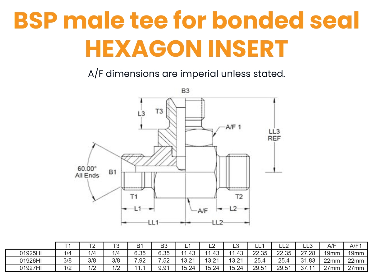 1/4 BSP M/M/M Tee c/w Hex Insert For Bonded Seal On Branch Hydraulic Adaptor